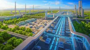 Illustration of BYD's expansive megafactory in Zhengzhou, showcasing its city-like infrastructure and industrial ecosystem.