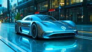 Illustration of a Mercedes-AMG electric sports car emphasizing the blend of traditional performance with modern electric technology.
