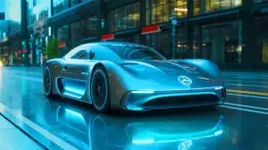 Illustration of a Mercedes-AMG electric sports car emphasizing the blend of traditional performance with modern electric technology.