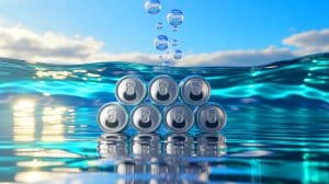 Illustration of a groundbreaking process using recycled soda cans and seawater to produce sustainable hydrogen fuel.