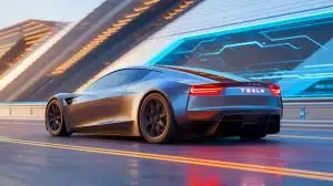 Illustration of the Tesla Roadster Hypercar with a futuristic design and rocket-like propulsion system.