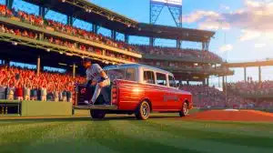 Illustration of a baseball bullpen car transporting a relief pitcher to the mound.