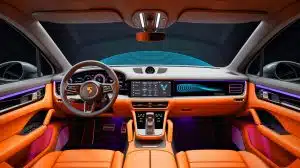 Illustration of the upcoming Porsche Cayenne's revolutionary Flow Display and luxurious high-tech interior.