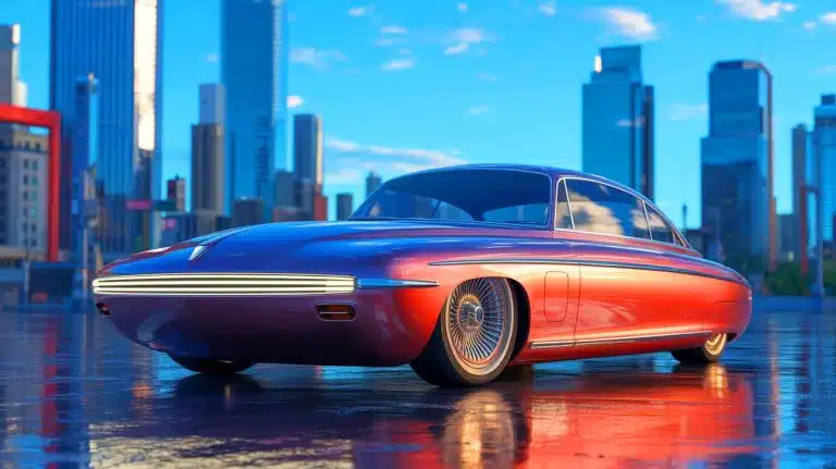Illustration of a retro-inspired electric vehicle blending 1950s design with modern technology.