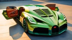 Illustration of the Bugatti Brouillard, a bespoke hypercar with a powerful engine and horse-themed interior design.