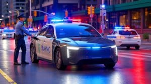 Illustration of a Waymo robotaxi being pulled over by police in San Bruno, California.