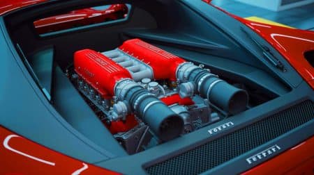 Illustration of Ferrari's Innovative V12 'Oval-Piston' Engine Prototype.