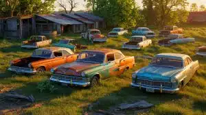 Illustration of an Abandoned Farm with a Hidden Collection of Classic Cars.