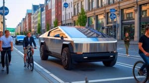 Illustration of the Tesla Cybertruck highlighting its distinctive design and stainless-steel exterior.