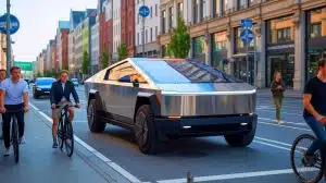 Illustration of the Tesla Cybertruck highlighting its distinctive design and stainless-steel exterior.