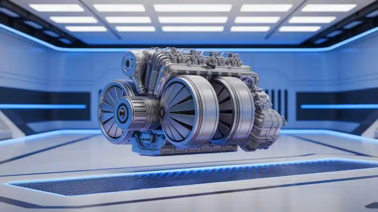 Illustration of a prototype self-rotating engine designed for sustainable transportation.