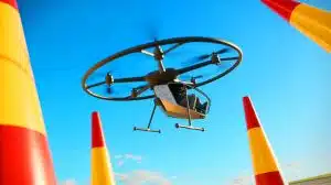Illustration of the Jetson ONE multicopter racing through the sky with its pilot inside the spaceframe.