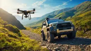 Illustration of a Toyota drone system providing real-time terrain views for off-road navigation.
