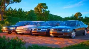 Illustration of the 1992 Family Sedan Comparison Test featuring models from Chevrolet, Honda, Ford, and Toyota.