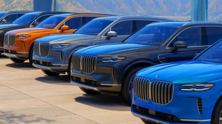 Illustration of luxury mid-size SUVs from renowned brands like Genesis, BMW, and Porsche.