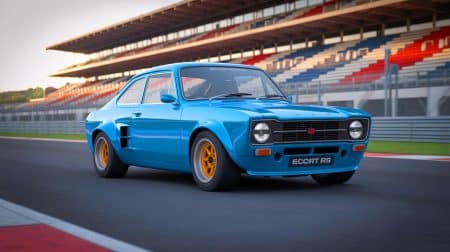 Illustration of the Boreham Motorworks Escort Mk1 RS with its high-performance, 2.1-liter, 325-hp engine.