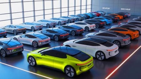 Illustration of upcoming electric vehicles set to transform the automotive industry.