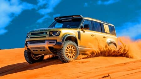 Illustration of a Land Rover Defender Dakar D7X-R racing across the desert in the Dakar Rally.