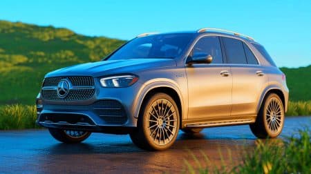 Illustration of the 2026 Mercedes-Benz GLE450e plug-in hybrid SUV showcasing luxury and eco-friendly features.