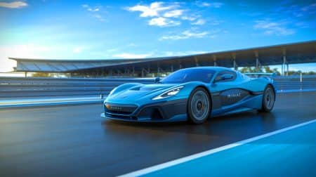 Illustration of the Rimac Nevera electric hypercar showcasing its sleek design and advanced engineering.