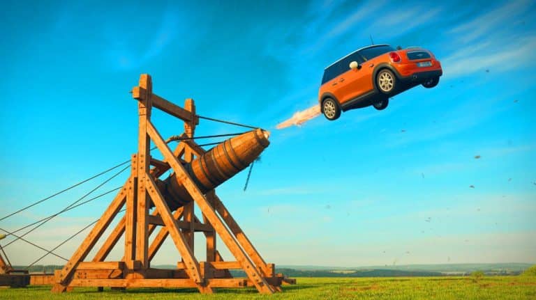 Trebuchet Launch Reveals Engineering Feats: See How a Mini Car Takes Flight in Stunning Photos