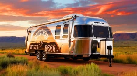 Illustration of the Airstream Stetson 6666 Edition trailer, featuring cowboy-themed design elements and luxurious interiors.