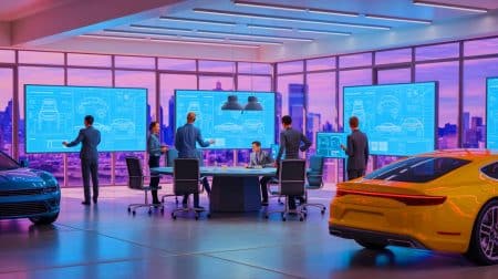 Illustration of Volkswagen selling its majority stake in Italdesign to UST, a U.S.-based AI company.