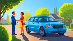 Illustration of a personal car sale transaction between friends or family members.