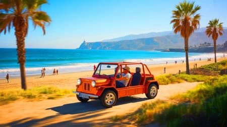 Illustration of the electric Moke cruising along a California beach, blending vintage charm with modern technology.