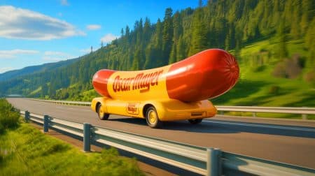 Illustration of the Oscar Mayer Wienermobile with its iconic hot dog shape driving on a scenic road.