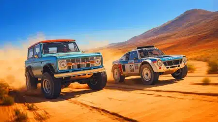Illustration of iconic off-road racing vehicles featured in the "Legends of the Dirt" exhibit at the Petersen Museum.